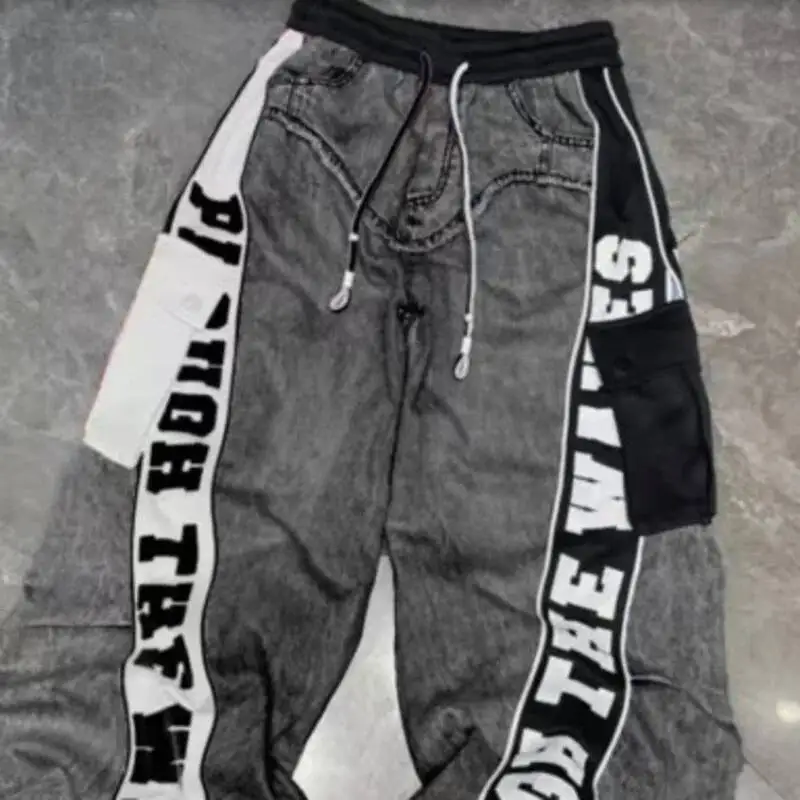 ANJY automne nouvelles femmes Chic Streetwear Denim Patchwork lettre imprimé cordon taille élastique pantalon élégant jean droit A7709