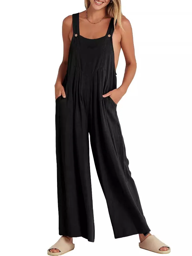 Mono holgado informal de Color puro para mujer, pantalones de pierna ancha, pantalones largos de cintura alta, traje cómodo de una pieza
