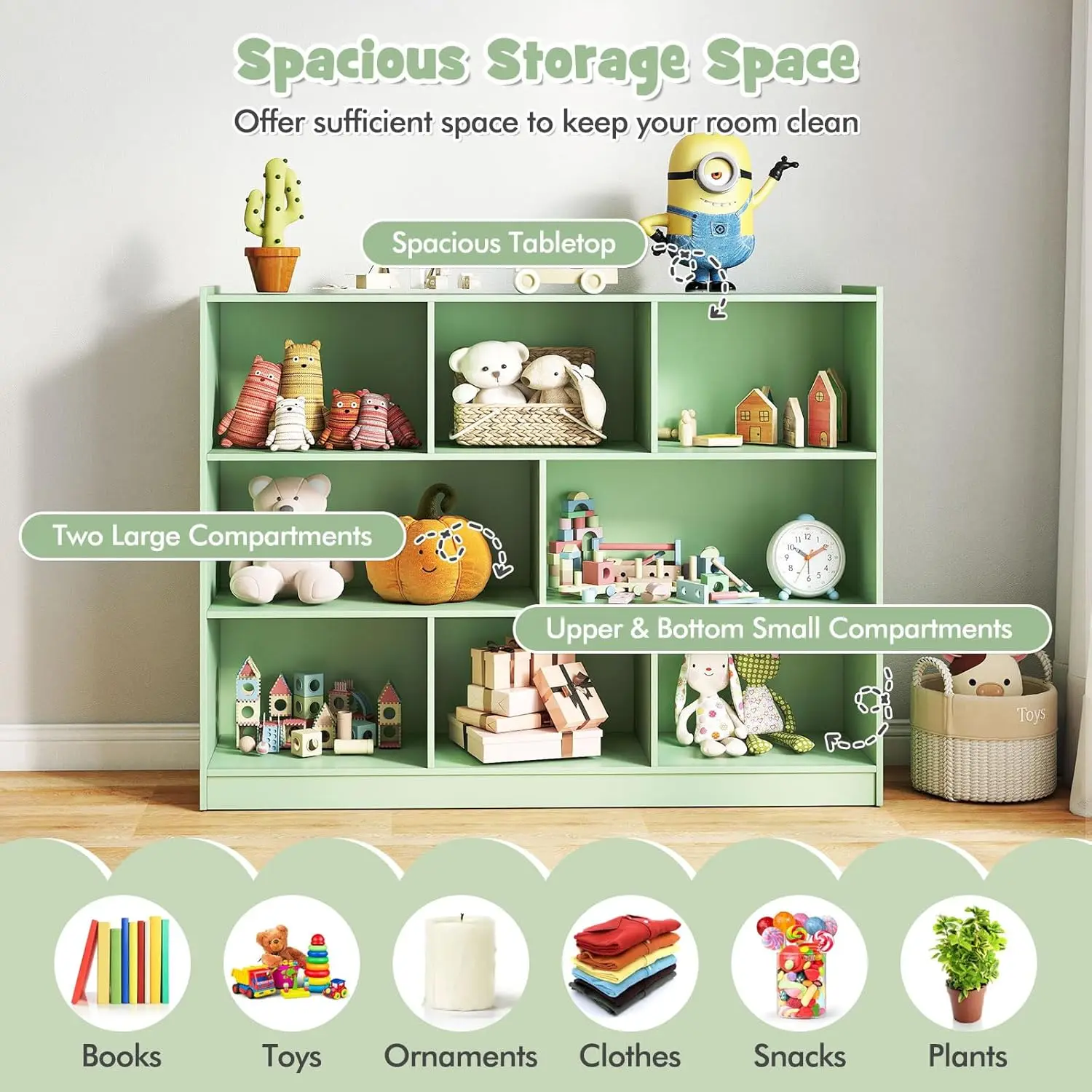 Kids Toy Storage Organizer, 8-Section 3-Tier Wooden Book Shelf for Preschool, Playroom & Nursery (Green)