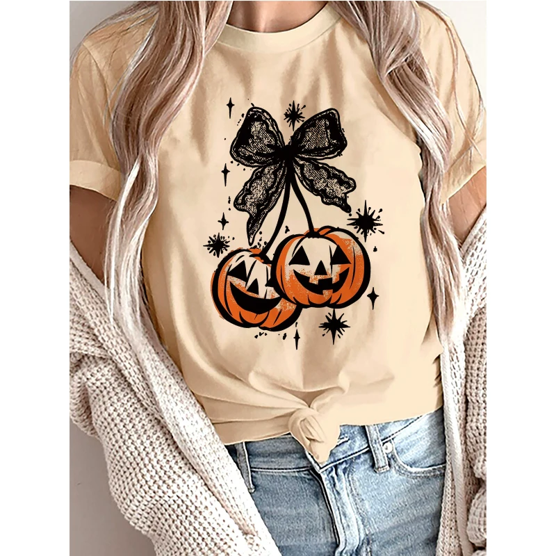 Halloween Nightmare Before Christmas Pumpkin and Bow Lace Print T Shirt Women's Causal T-shirt Clothes Graphic Vintage Tees Tops