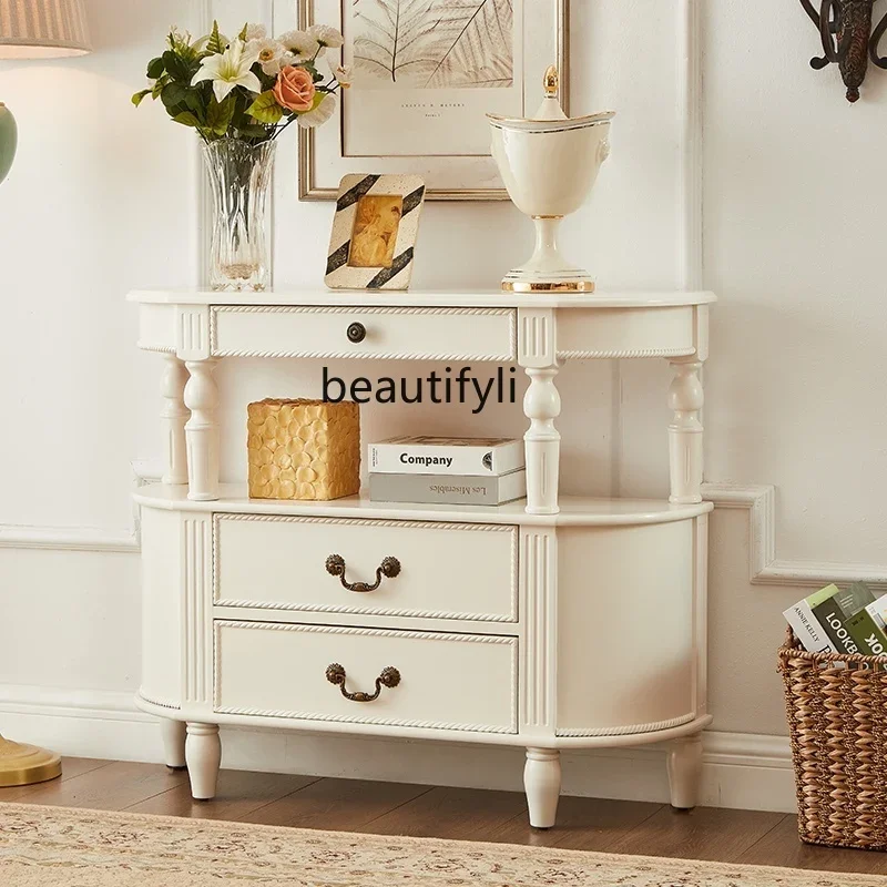 

zq1European retro solid wood semicircular entrance table entrance creamy entrance against the wall white cabinet