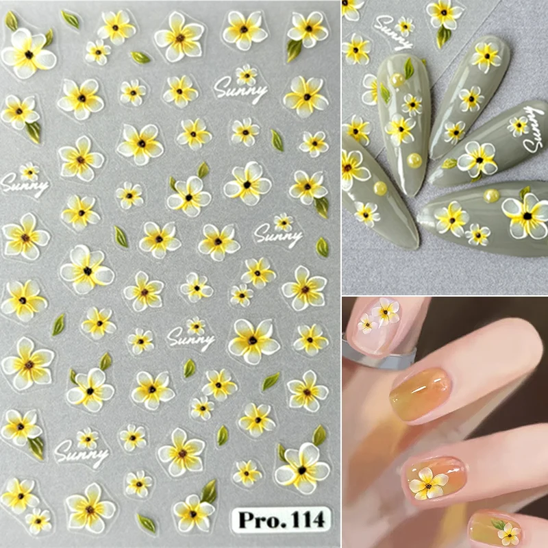 Autocollants 3D pour Nail Art, décalcomanies de fleurs jaunes, curseurs auto-adhésifs, décoration de manucure bricolage, conseils d'ongles