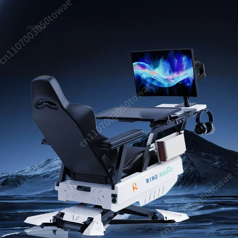 Reclining Gaming Station Cockpit, Integrated Ergonomic Computer Desk Chair with Adjustable Monitor Stand & Armrest Work Tray