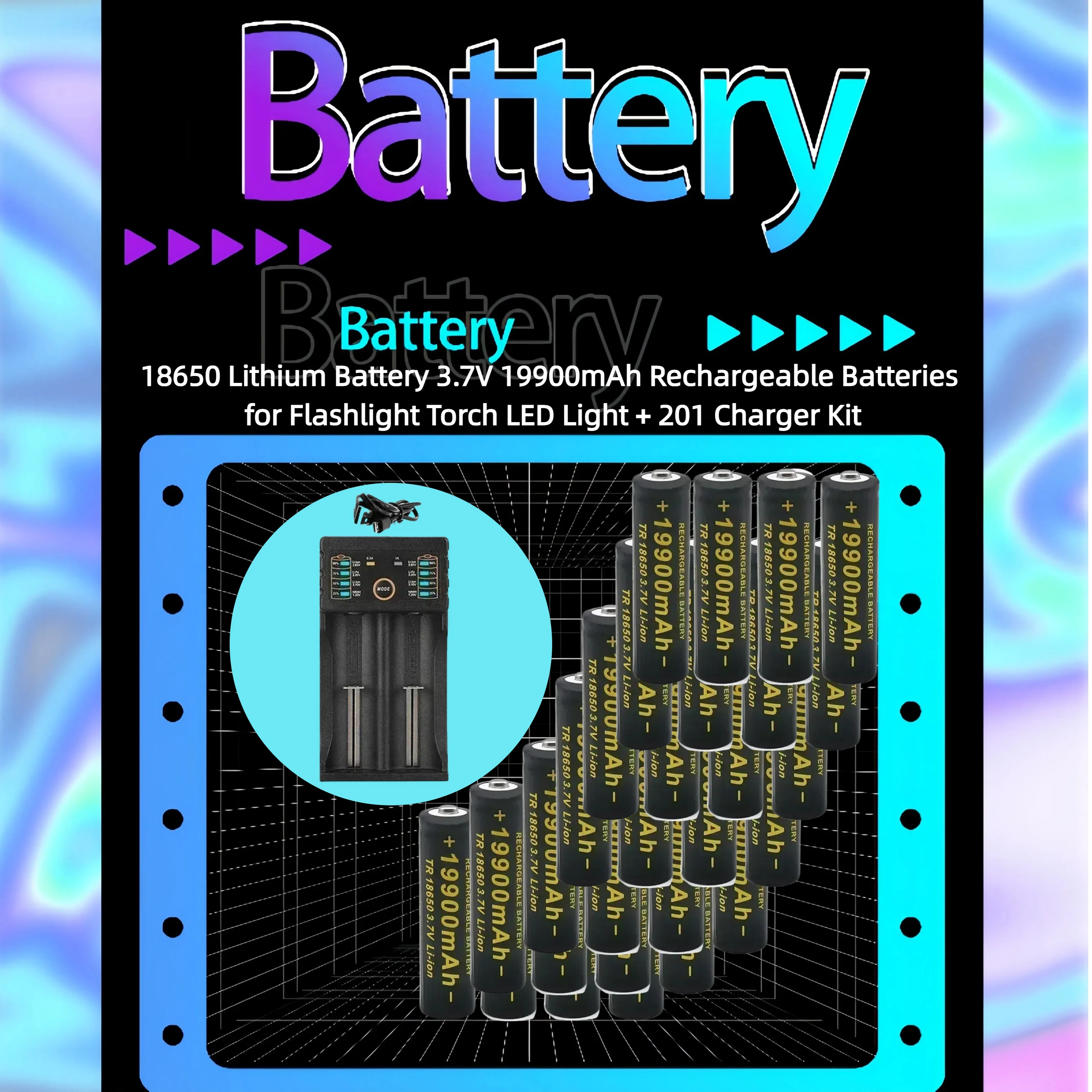 

18650 Lithium Battery 3.7V 19900mAh Rechargeable Batteries for Flashlight Torch LED Light + 201 Charger Kit