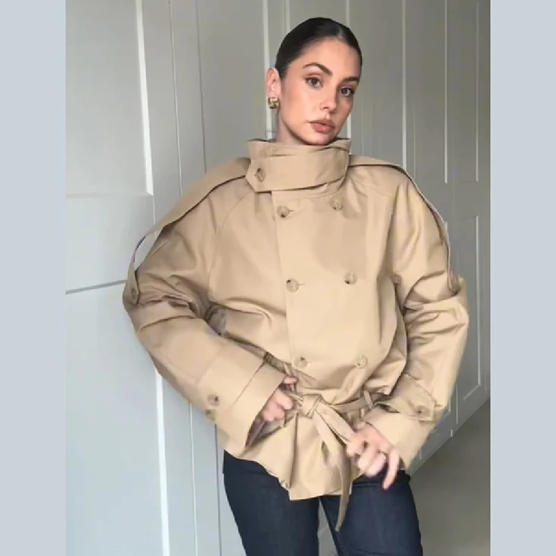New Commute Women's Trench Coat Casual Stand Collar Double Breasted Fit Jacket Lace Up Pocket Outwear Autumn Lady Trench Coats
