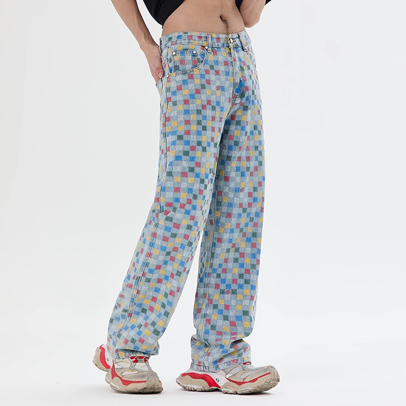 

Colorful Checkered Jeans Men Streetwear Fashion Hip Hop Loose Casual Wide Leg Straight Denim Baggy Jeans Pants Trousers