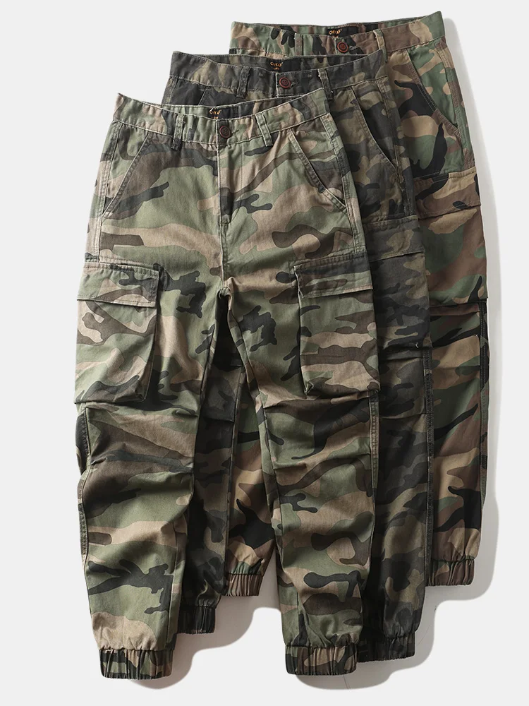 

Тяжелые мужские рабочие брюки из чистого хлопка с несколькими карманами, свободные прямые брюки с манжетами, уличные камуфляжные брюки, молодежные брюки