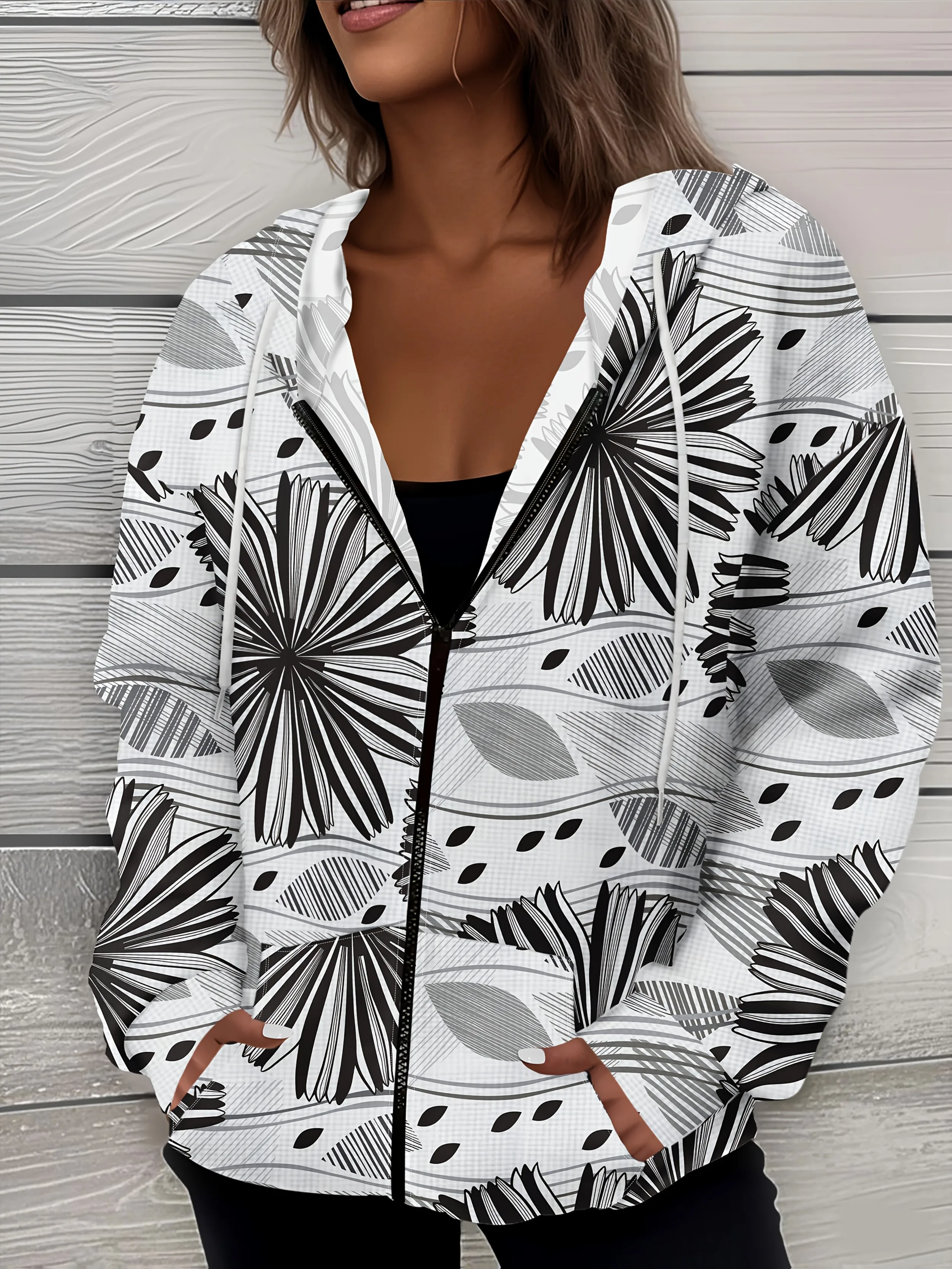 

Casual Hooded Jacket for Spring Autumn Abstract Geometric Black and White Pattern Long Sleeve Pullover Sweatshirt Streetwear