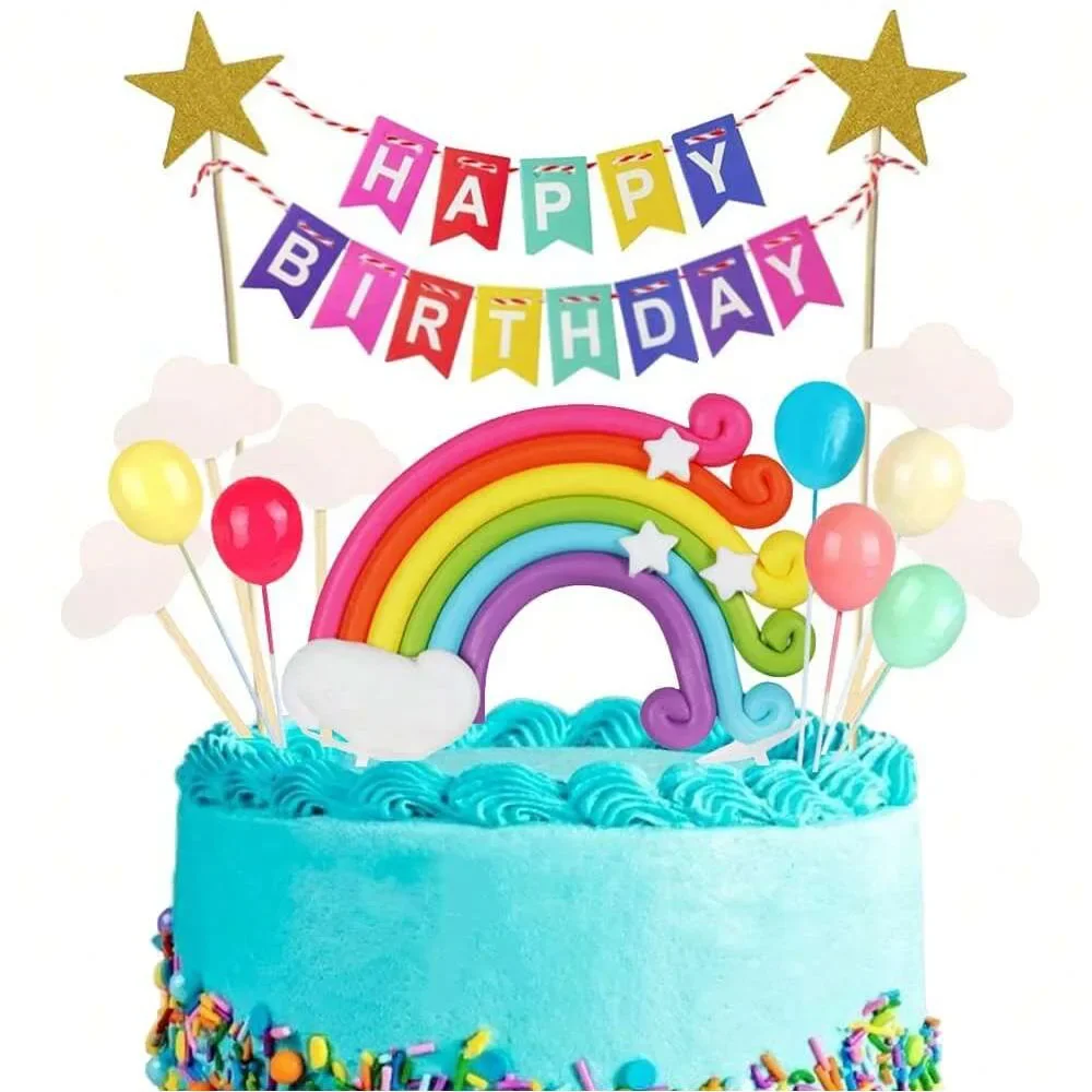Happy Birthday Banner Topper Handmade Cupcake Topper including Colorful Rainbow Clouds Balloon Stars Picks Party Decoration