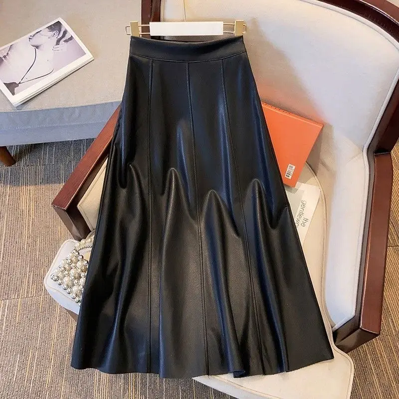 Women French Vintage Slim PU Leather Half Midi Skirts Spring Autumn Lady Graceful Black Skirt Fashion Trendy Clothing Female