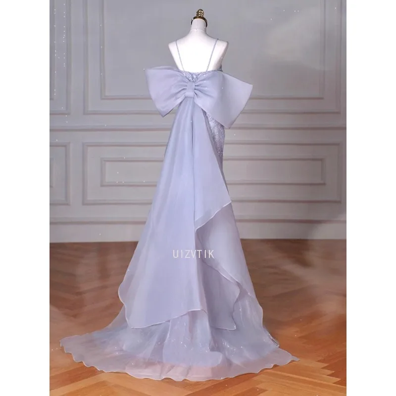 2025 New Sequin Mermaid Prom Gown Women Blue Long Evening Party Dress with Big Bow Elegant Tulle Train Wedding Dress Bride Gowns
