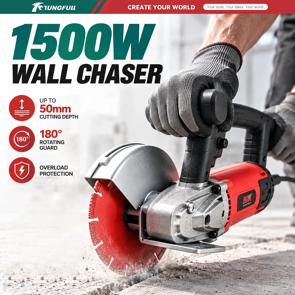 TUNGFULL Electric Wall Chaser 180° 50mm Max Cutting Depth Concrete Wall Grooving Machine for House Renovation Brick Grooving