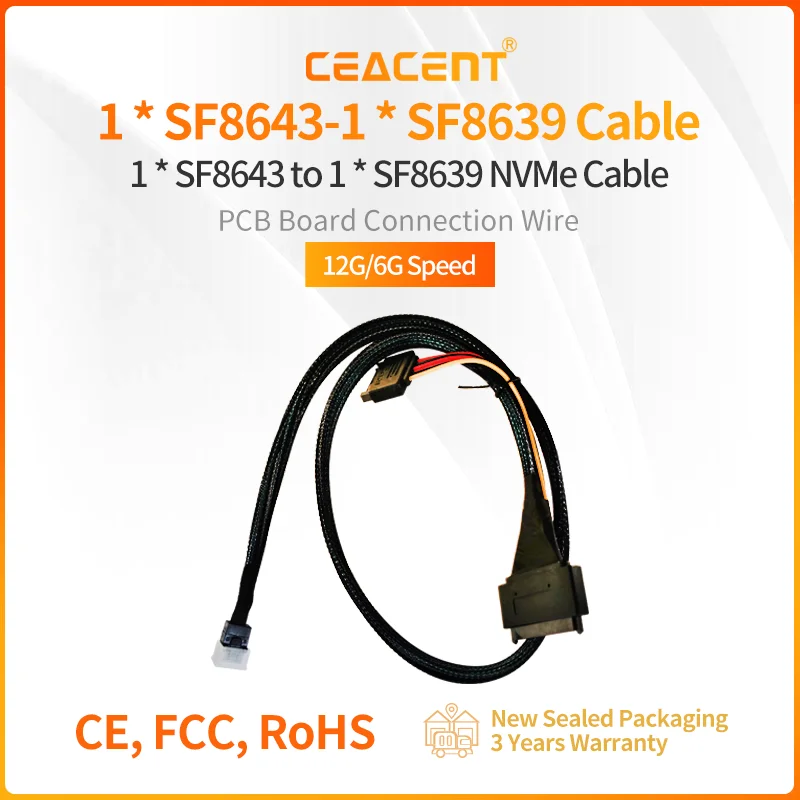 

Forward Breakout NVMe Cable Mini-SAS HD SFF-8643 To U.2 SFF-8639 12G/6G/NVMe 80CM with 15Pin SATA Power For CEACENT NVMe Adapter