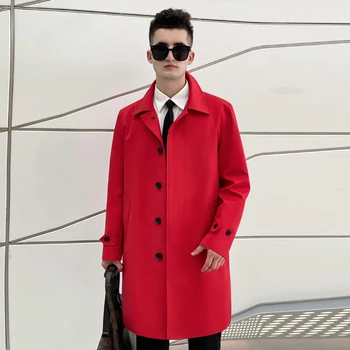 2024  windbreaker men\'s single breasted Medium length red British men\'s coat detachable thickened down liner fashion trench coat