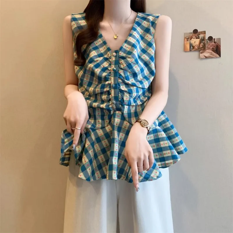 

Новая женская лоскутная рубашка на пуговицах в клетку с v-образным вырезом и цветочным принтом, тонкий топ без рукавов