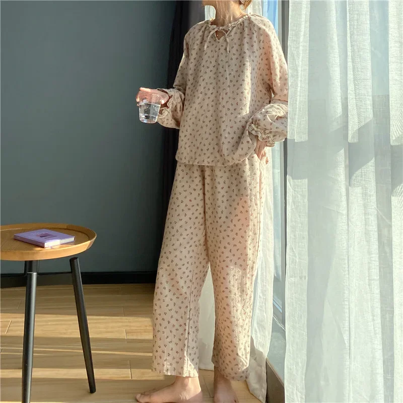 Spring Autumn 100% Cotton Pajamas Set Shivering Cherry Print Lace Sleepwear Pyjamas Pants 2 Pcs Long Sleeve Homewear Suit