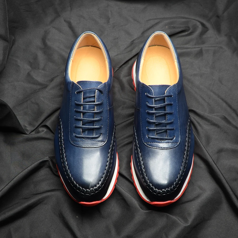 Men's Genuien Leather Casual Sneakers Black Blue Red Brown Lace-up Luxury Designer Mens Oxford Walking Shoes Size 38 To 46