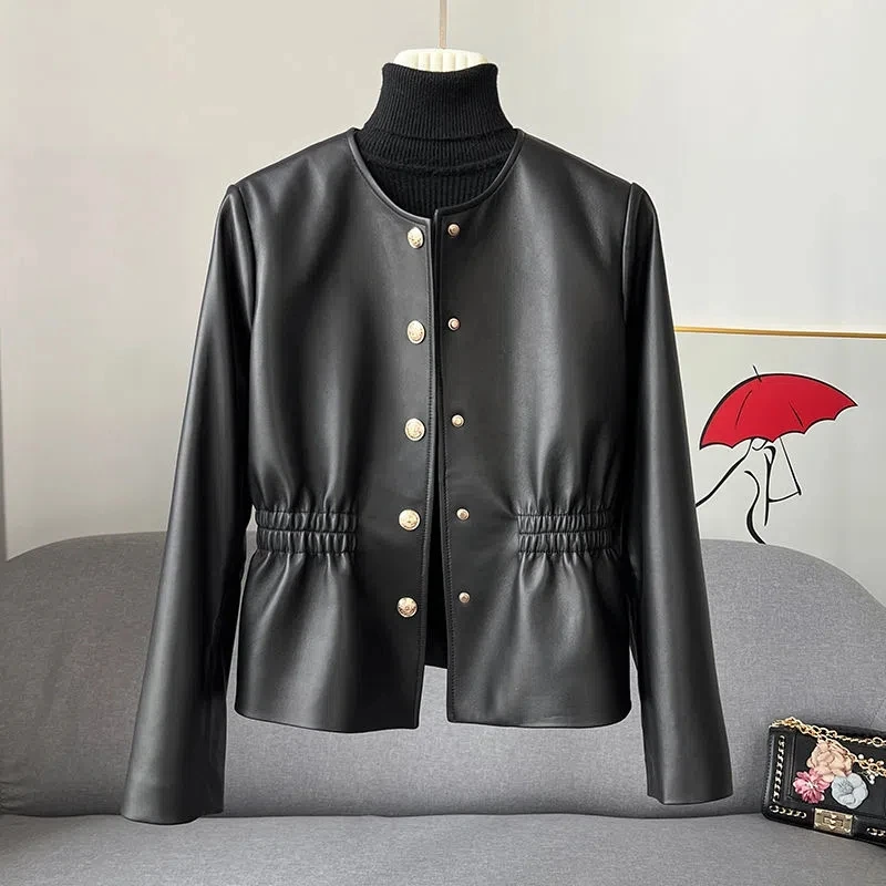 Chaqueta de cuero de cintura alta para mujer, abrigo corto negro de PU, informal, Otoño, 2022