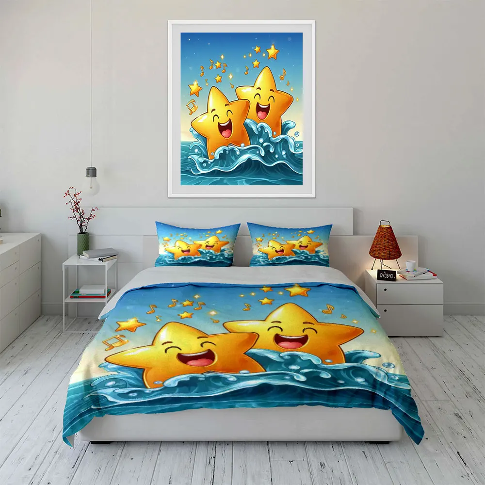 Smiling stars jumping in waves Print Soft Comfortable Duvet Cover Bedding Set Included 1*Duvet Cover  2*Pillowcases