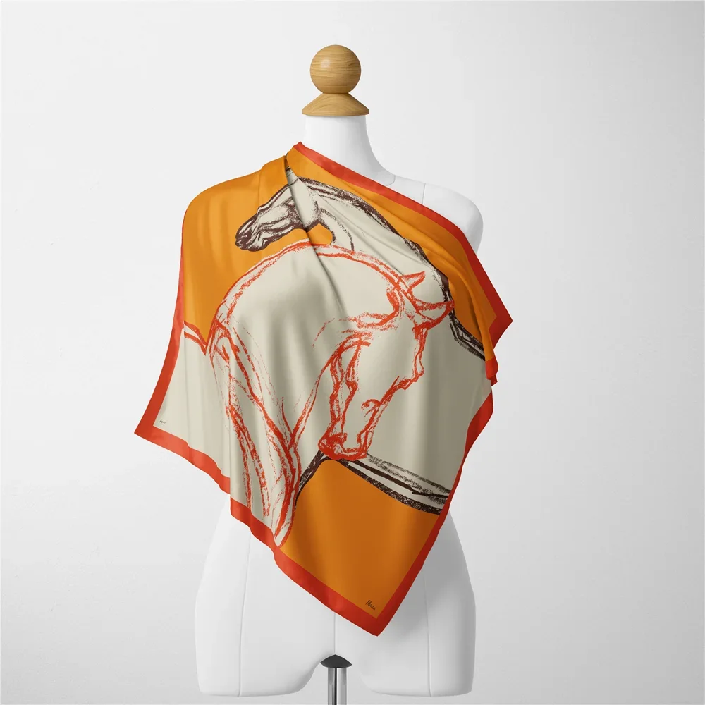 트윌 실크 스카프 여성 말 그림 스퀘어 스카프 랩 반다나 작은 히잡 실크 푸라르 타이 헤어밴드 넥커치프 53CM