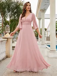 Unithorse Plunging Neck Flounce Sleeve Maxi Bridesmaid Dress