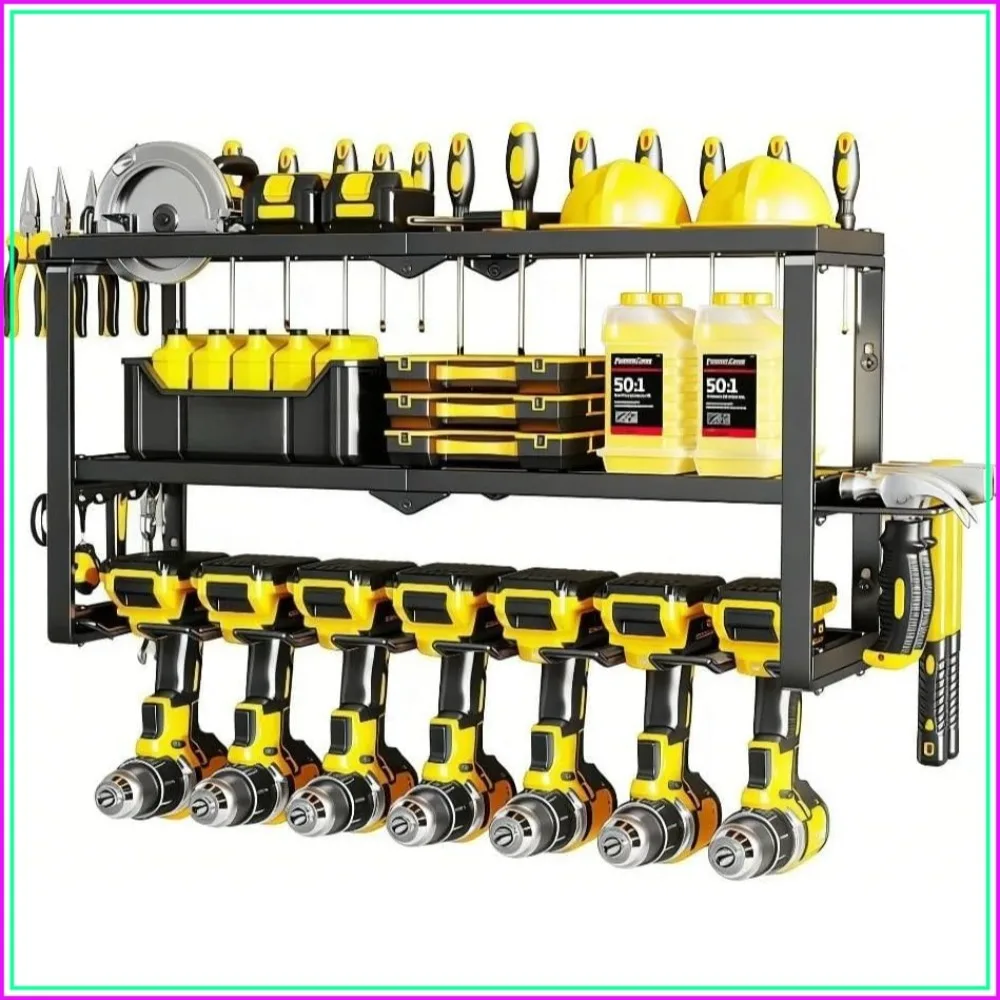 

3 Tier Expandable Tool Rack, 7-Slot Wall Mount Organizer with Side Hooks, Heavy Duty Carbon Steel Garage Storage Shelf, Black