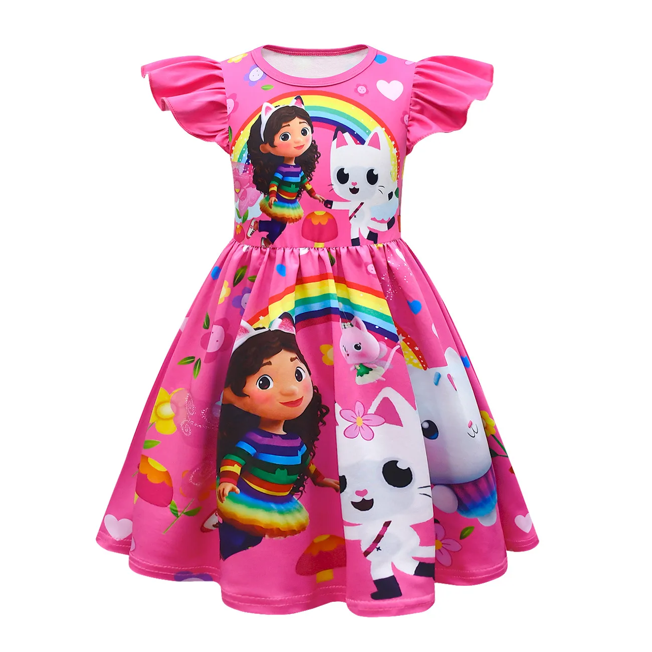 Cartoon Gabby Cats Baby Girl Dresses Kids Gabby\'s Doll House Clothes Cosplay Costume Children Fly Sleeve Casual Dress + Headband