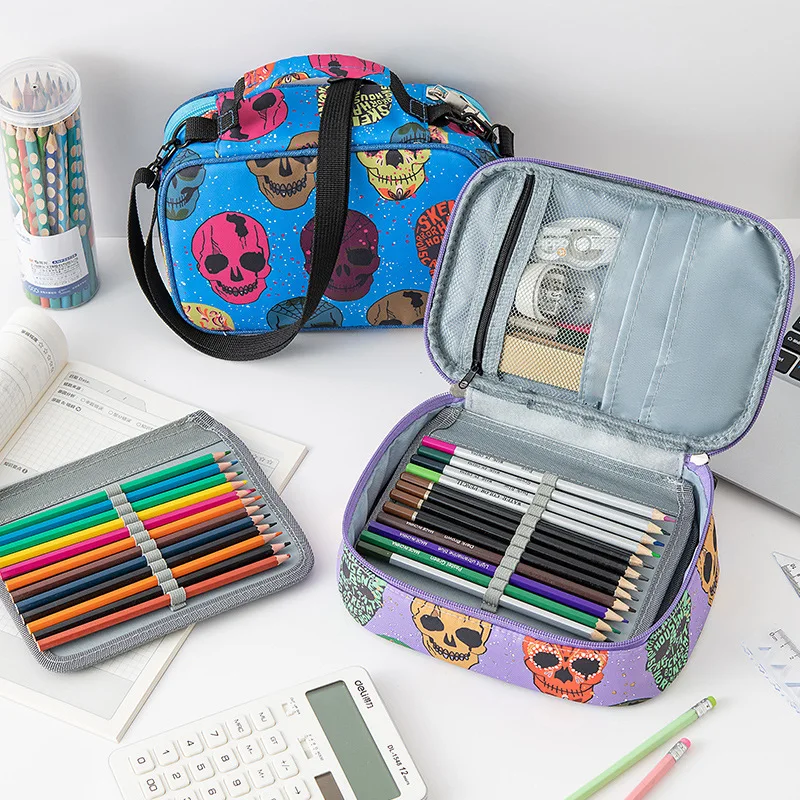 

Large-capacity 72-hole Color Lead Watercolor Brush Multi-functional Pencil Bag Detachable Strap Cartoon Skull Pen Bag