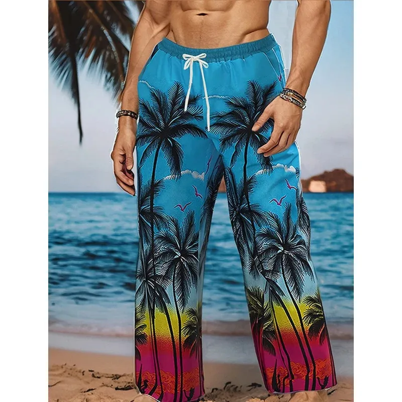 Men's Coconut Tree 3D Printed Loose Casual Pants Mid-Rise Hawaiian Vacation Beachwear Drawstring Elastic Waist Wide Leg