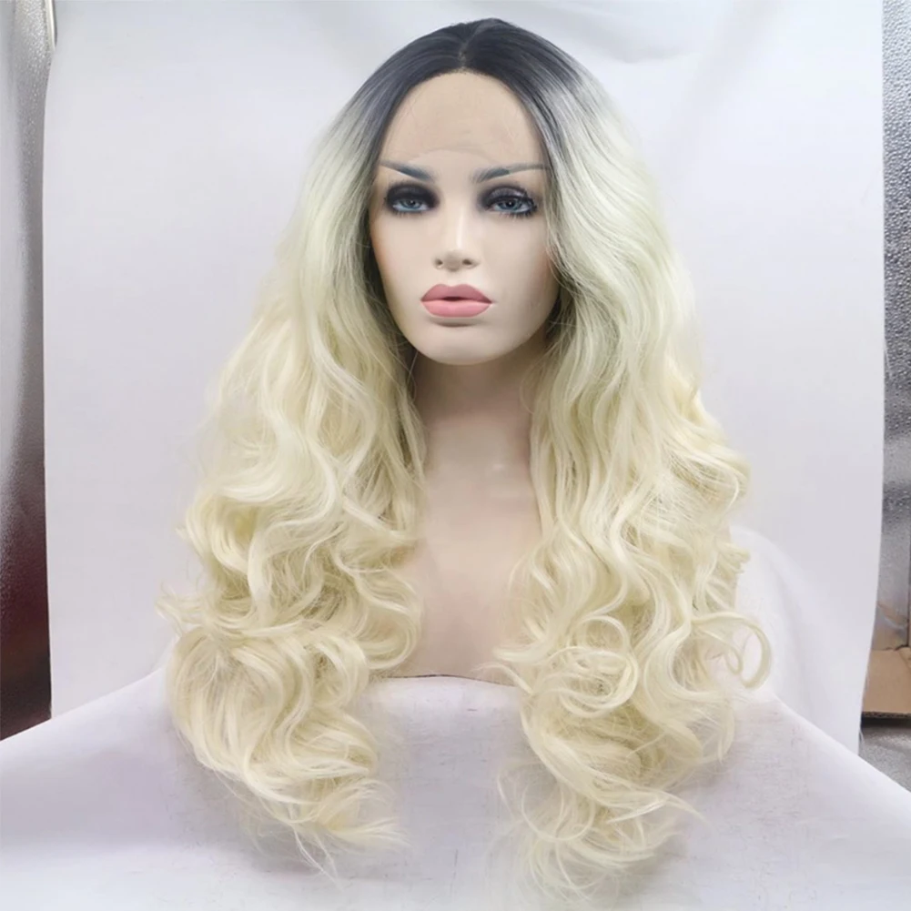 AIMEYA Ombre Blonde Wig Synthetic Lace Wigs Black Roots Lace Front Wigs for Women Heat Resistant Fiber Synthetic Frontal Wig