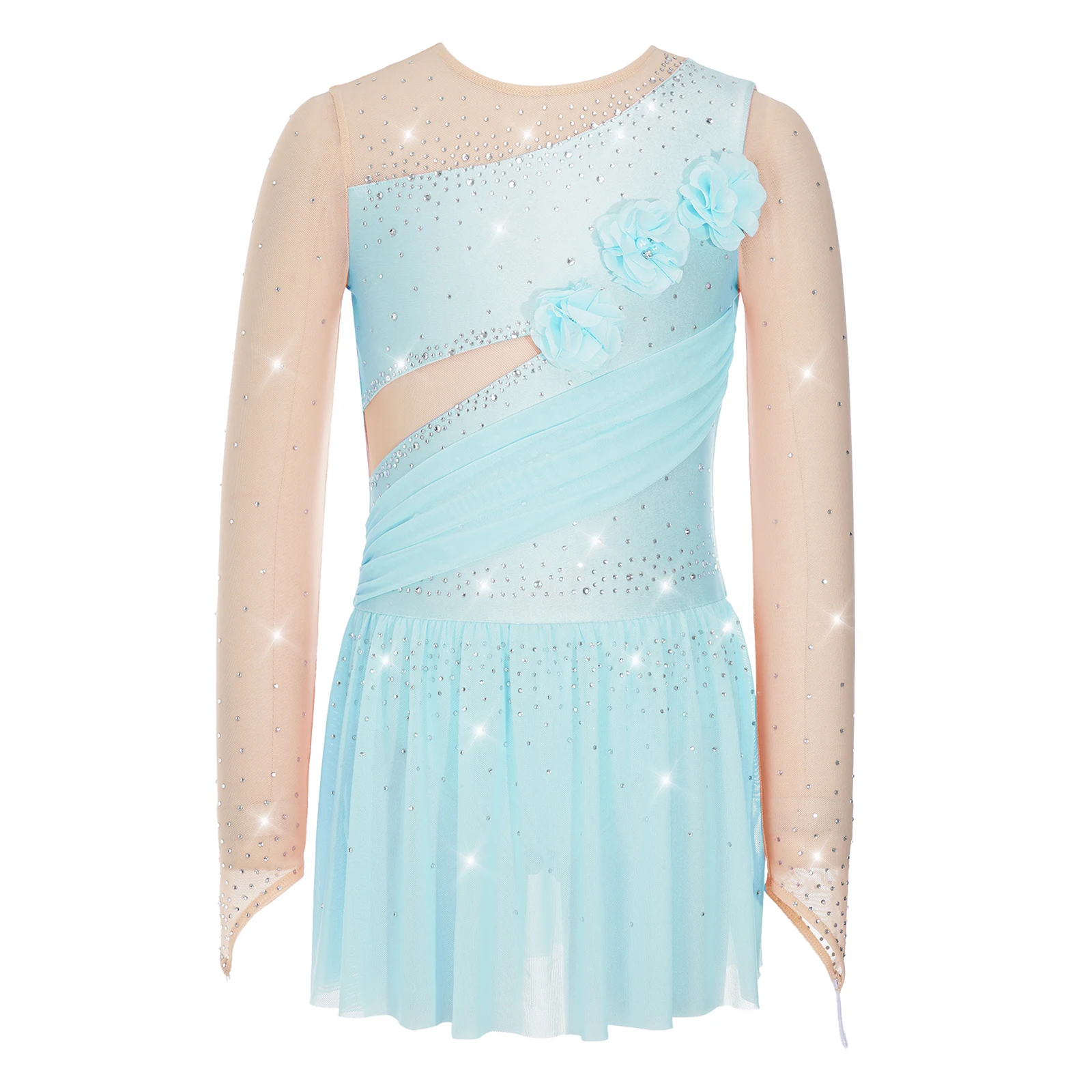 Mädchen Glänzendes Strass-Gymnastik-Ballett-Lyrical-Tanz-Auftrittskostüm Langarm 3D-Blumen Eiskunstlauf-Netzkleid – Detail 3