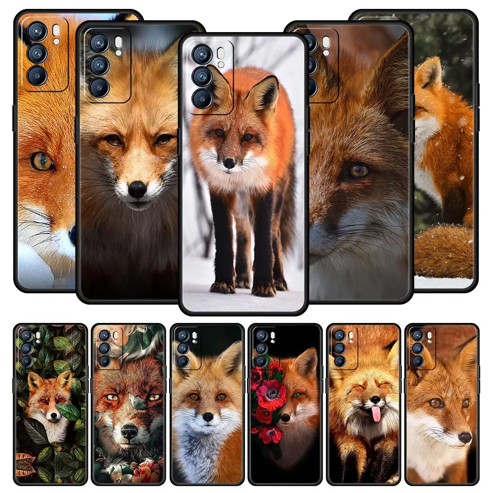 Cute Red Fox Gift Soft Phone Case For Oppo Find X5 A54 A53 A52 A9 2020 A15 A95 A16 A76 A74 A12 Reno7 SE Reno6 Pro 5G Black Cover