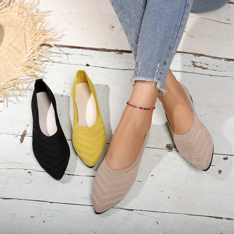 

New 2024 Pointed Toe Flat Office Boat Solid Color Knitted Slip on Shoes Casual Ballet Flats Shoes Women Loafers Zapatos De Mujer