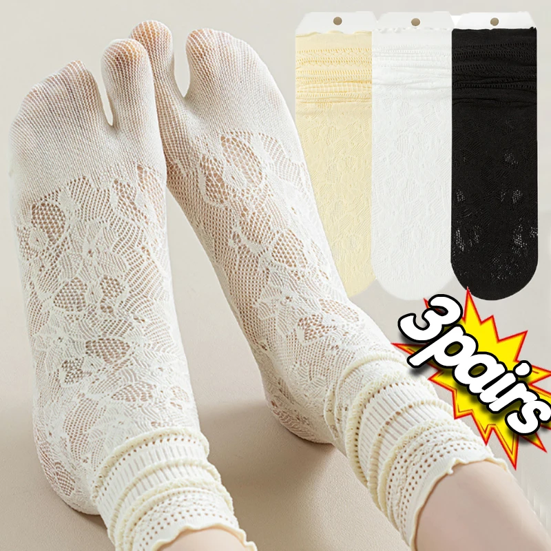 Fashion Japanese Tabi Toe Socks Women Summer Sexy Lace Two Finger Socks Mesh Breathable Solid Transparent Split Tabi Toe Socks