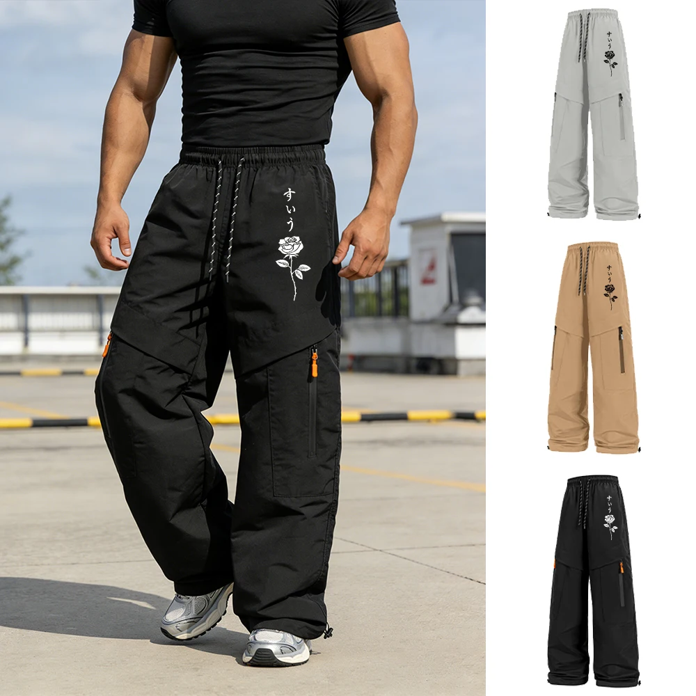 

Мужские летние брюки-карго с принтом, повседневные брюки на шнурке с карманами на молнии, для уличного стиля и повседневной носки