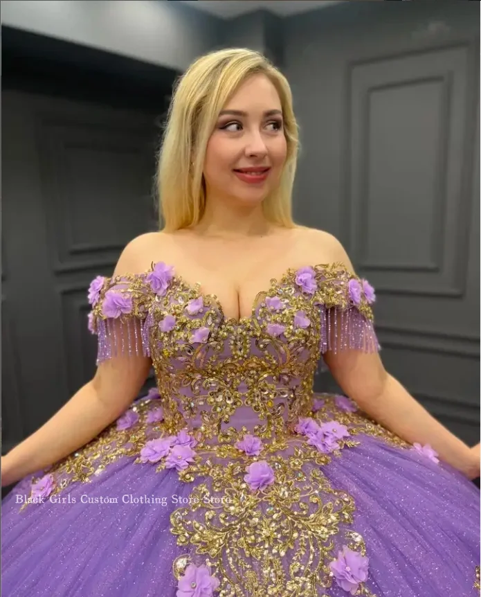 Fantasie Paarse Quinceanera Jurken 2024 Een Schouder Kathedraal Trein 3d Gebloemde Kralen Applique Vestido De 15 Quinceañera