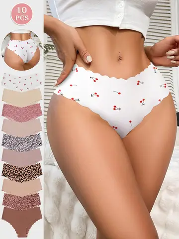 10pcs Women Seamless Wavy Edge Breathable Comfortable Soft Fabric Sexy Triangle Panties