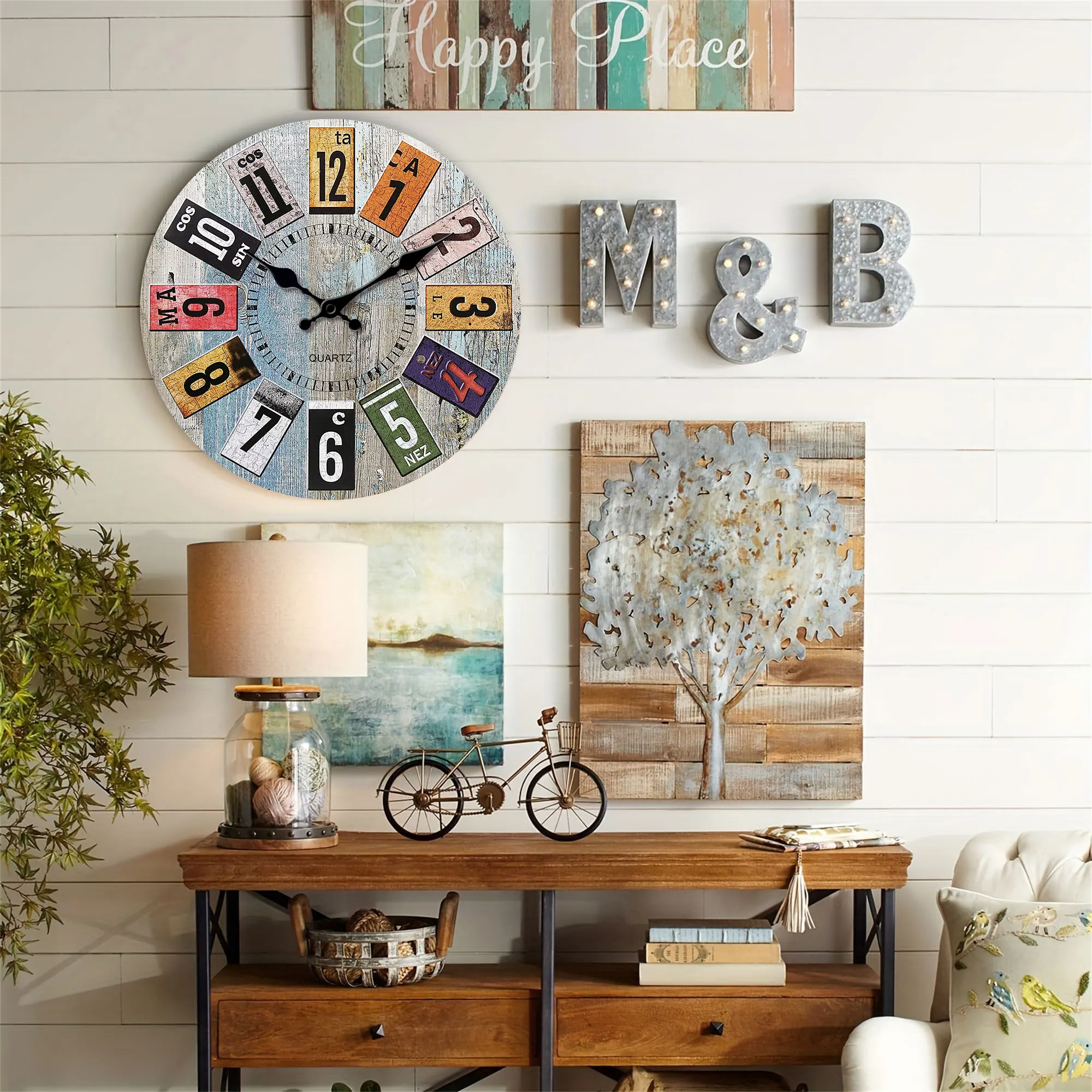 Nordic vintage style wooden wall clock, light blue wood texture with colorful Arabic numerals design wall clock, silent clock, f