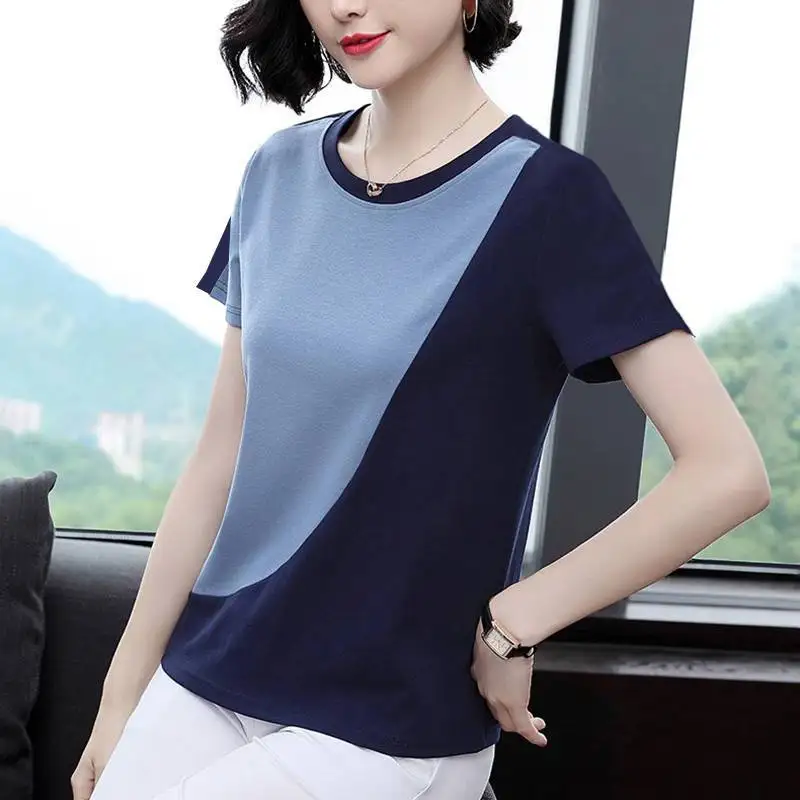 2023 New Female Clothing Round Neck Loose Summer Women's Short Sleeve Large Fashion T-shirt Spliced Casual Fashion Vintage Tops