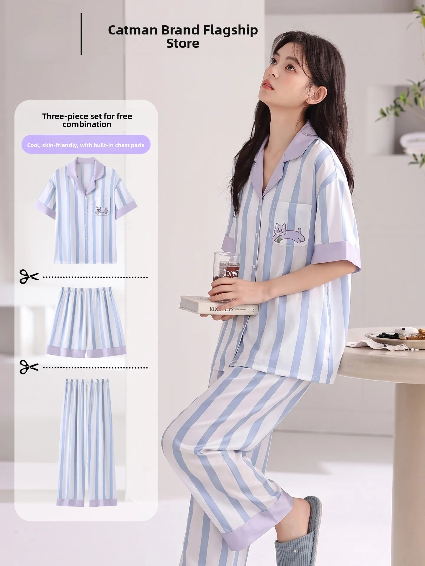 ice-silk-sleepwear-women-summer-short-sleeve-open-cardigan-thin-flip-collar-high-end-feeling-home-clothes-three-piece-set
