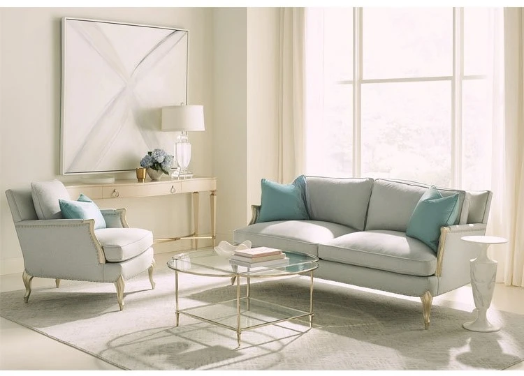 French light luxury solid wood sofa fabric American champagne gold three-person sofa small apartment European studio retro 6