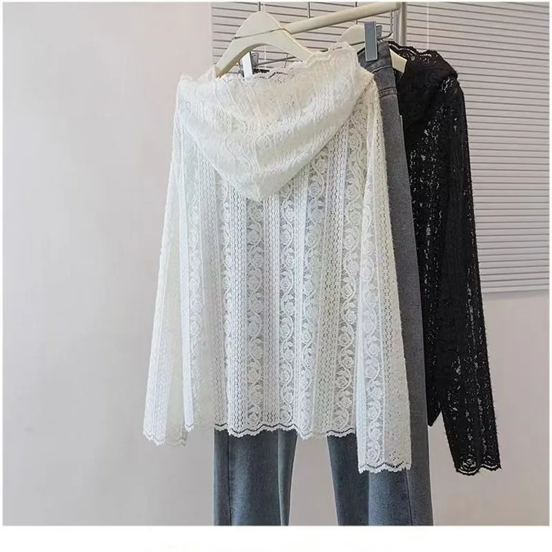 Hook Flower Lace Hollow Hooded Shirt For Women, Spring 2025 Korean Medium Length Top