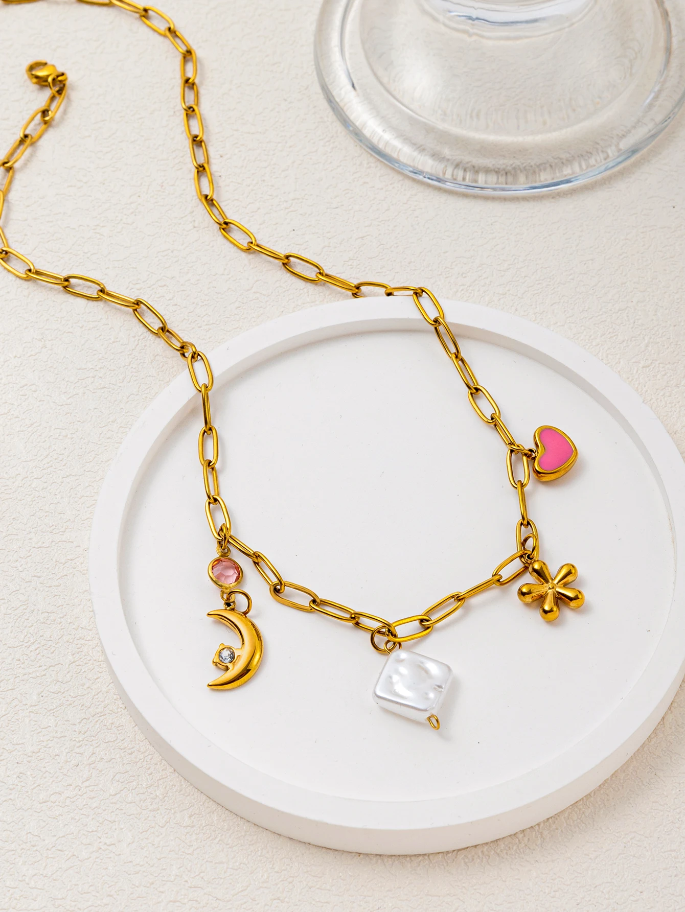 

Charm Necklace 18K Gold Plated Brass Paperclip Chain Necklace Moon Heart Pearl for Women