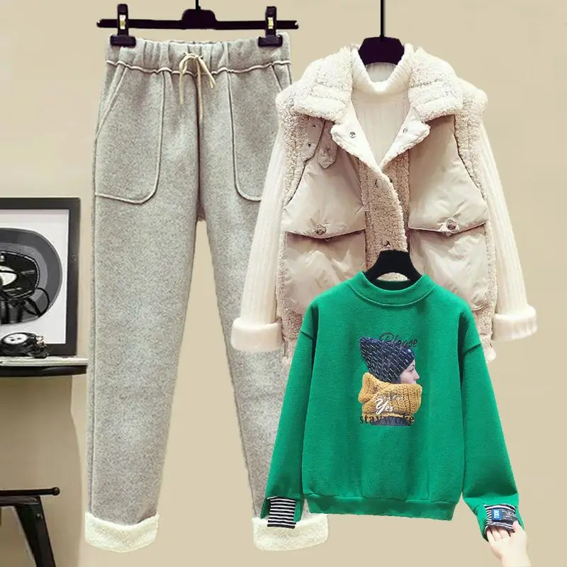 Autumn and Winter Fashion Set Women\'s 2023 New Down Cotton Tank Top Plus Plush Top Casual Pants Age Reducing Three Piece Set