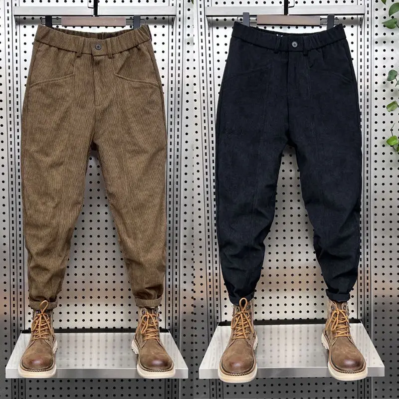 

Осенне-зимние мужские вельветовые брюки большого размера (до 300 фунтов), свободные, утепленные, повседневные, с завязками, длинные, на флисовой подкладке