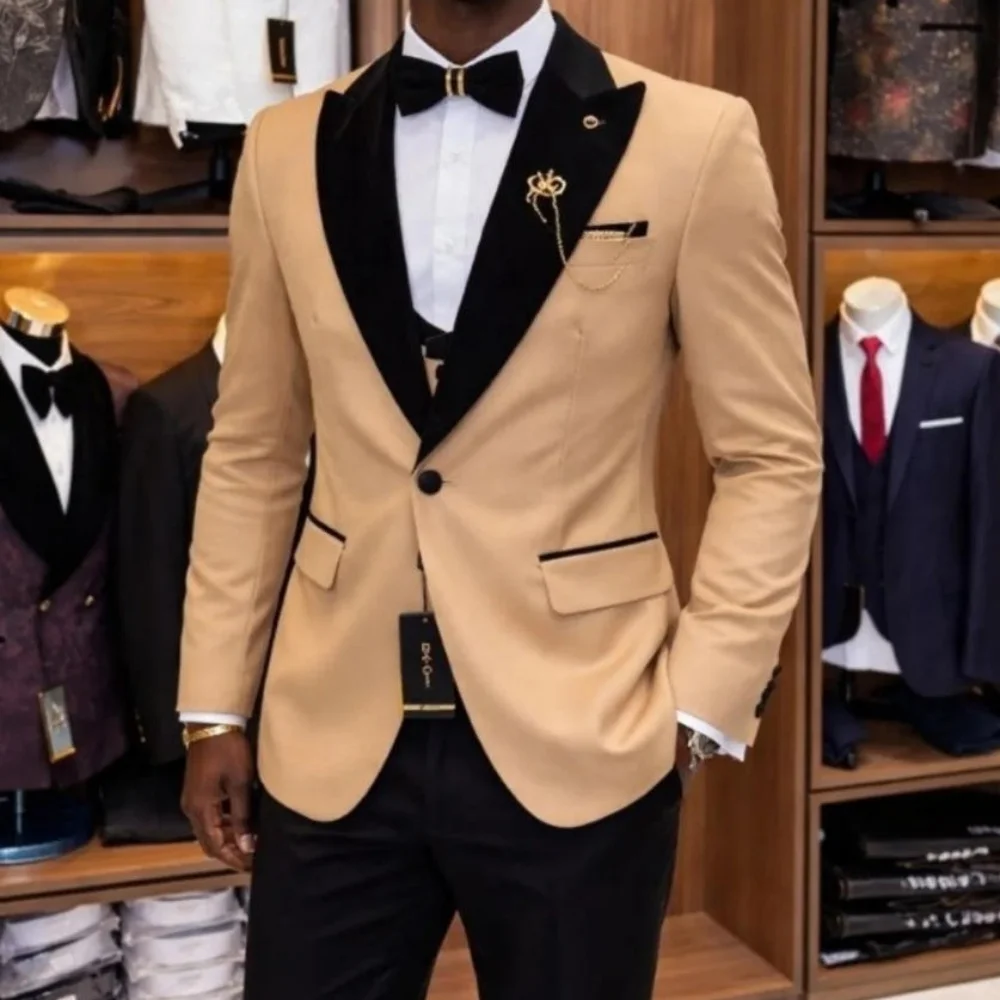 Slim Fit Luxury Three Pieces Men Suit Set Separates Custom Groom Tuxedo With Black Velvet Lapel For Wedding Party ropa hombre