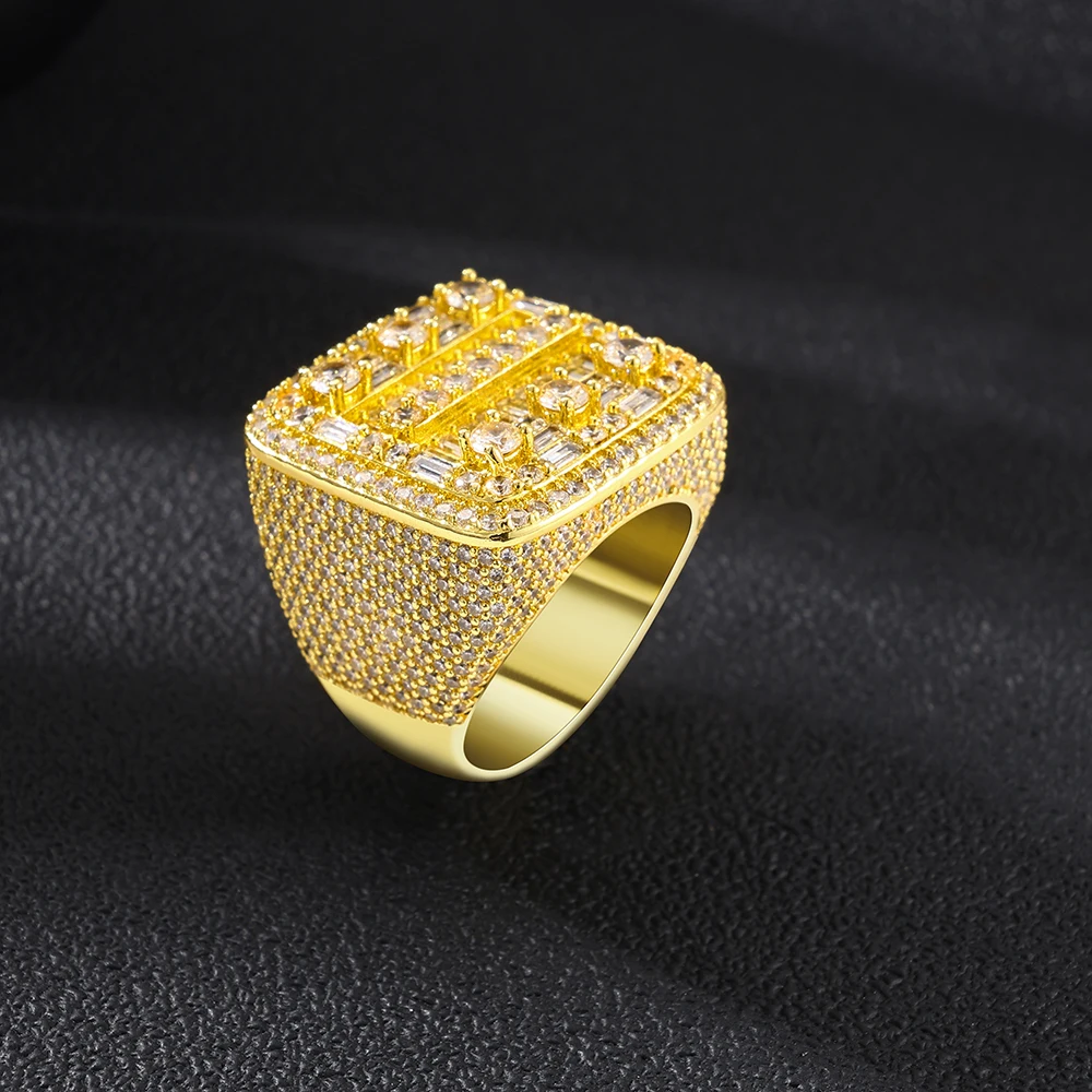 Men's Iced Out Square Ring Full Micro Paved CZ Rectangle Zircon Hip Hop Rapper Big Finger Ring Party Jewelry Gift