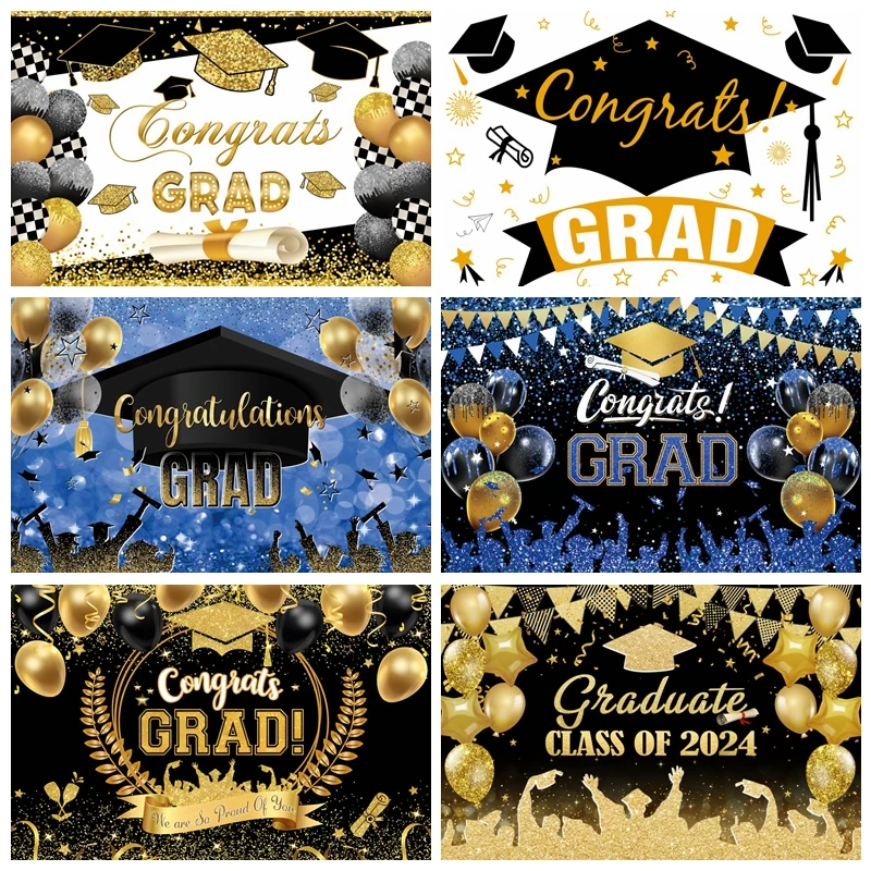 

Congratulations 2024 Photography Backdrop Gold Balloons Prom Glitter Graduation Party Poster Decor Background Photo Studio Props