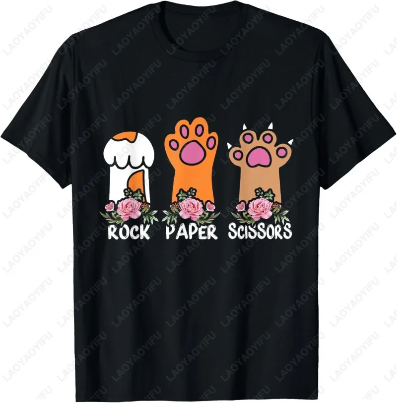 

Rock Paper Scissors Hand Game Meme Animal Paw Flower Cat Men Women Cotton T-Shirt Trend Cute Meowy O-neck Printed Unisex Tops