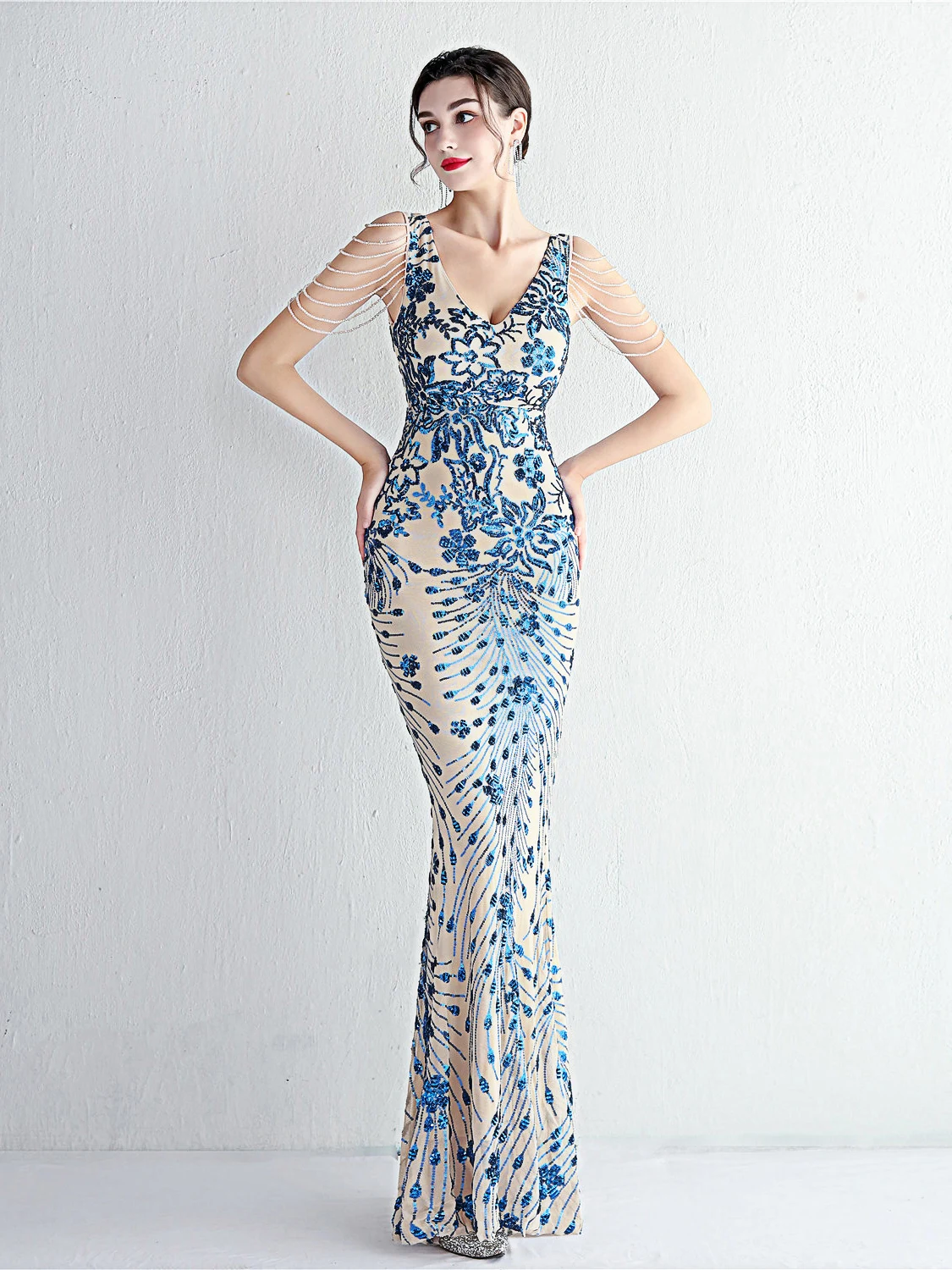 Robe de soirée longue et scintillante pour femmes, décolleté en V profond, coupe cintrée, queue de Fi Dr, Sensation de luxe, modèle hôte, Sexy, taille moyenne, fermeture éclair